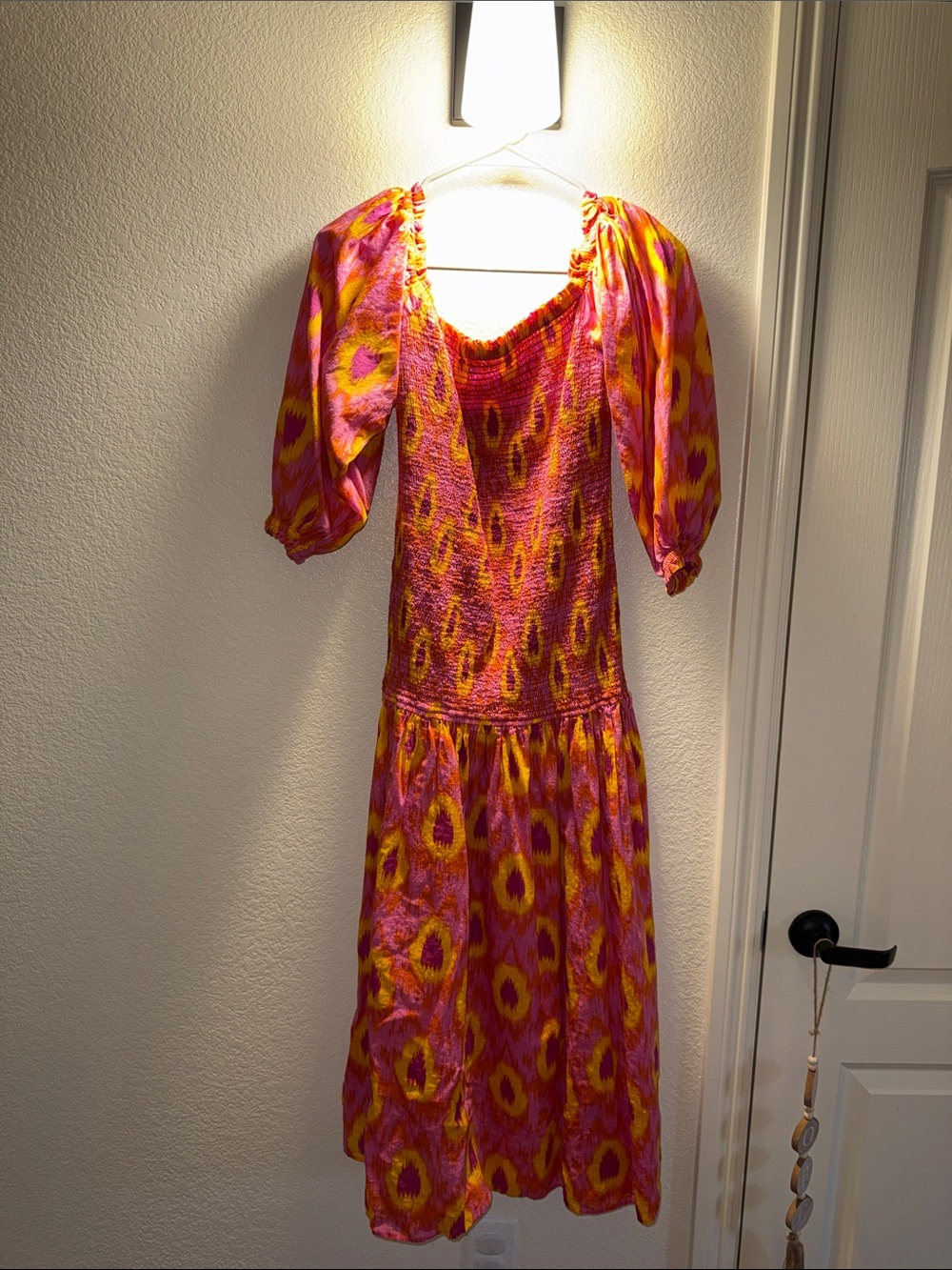 Zara Pink and Yellow Printed Smocked Midi Dress